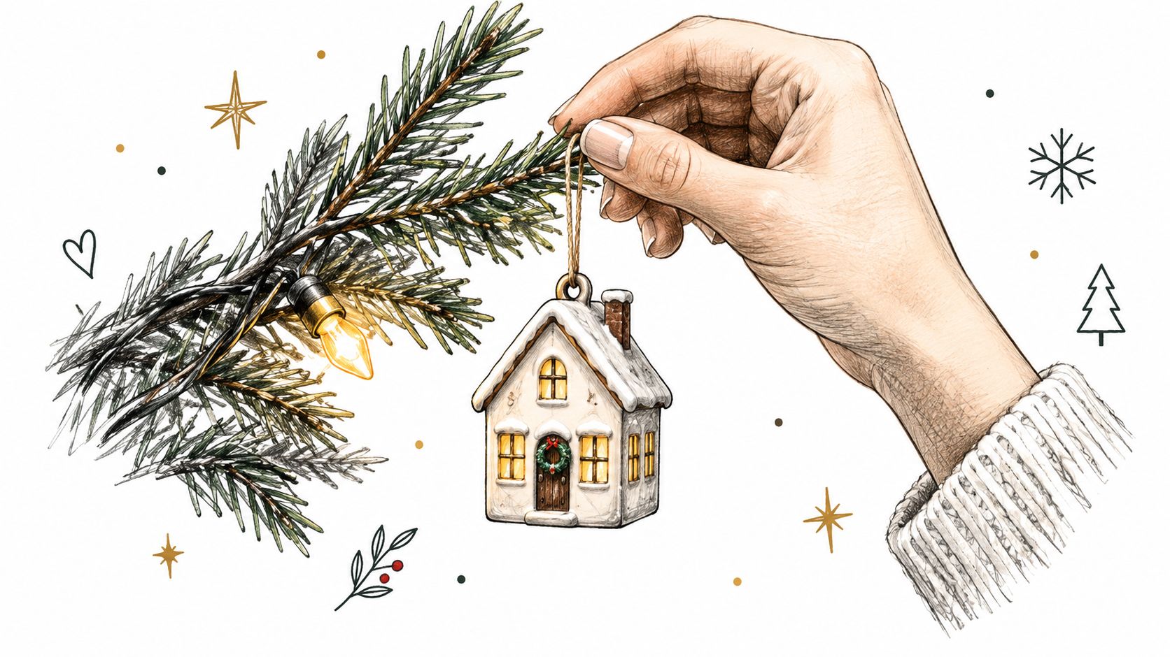 A detailed hand-drawn illustration of a hand hanging a festive house ornament onto a Christmas tree branch.