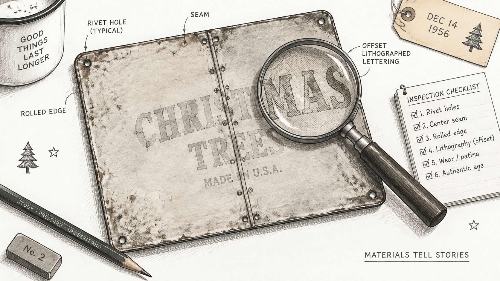 A detailed illustration of an antique metal Christmas trees sign being inspected with a magnifying glass.