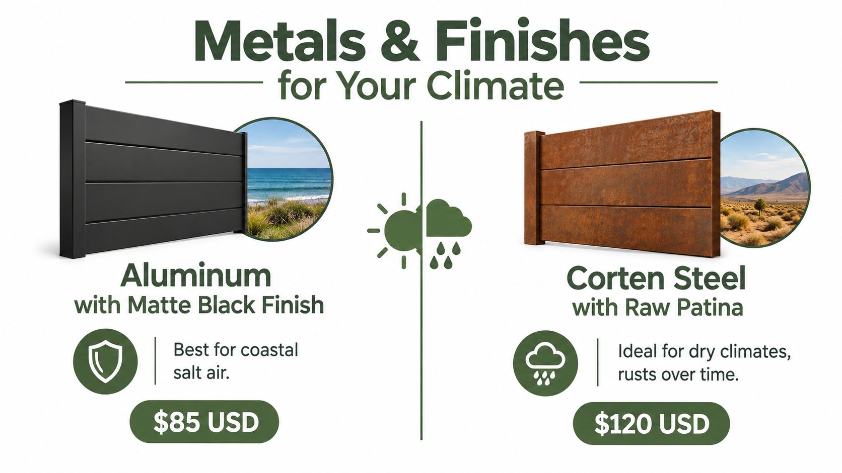 A comparison of two fence metals showing aluminum for coastal areas and corten steel for dry climates.