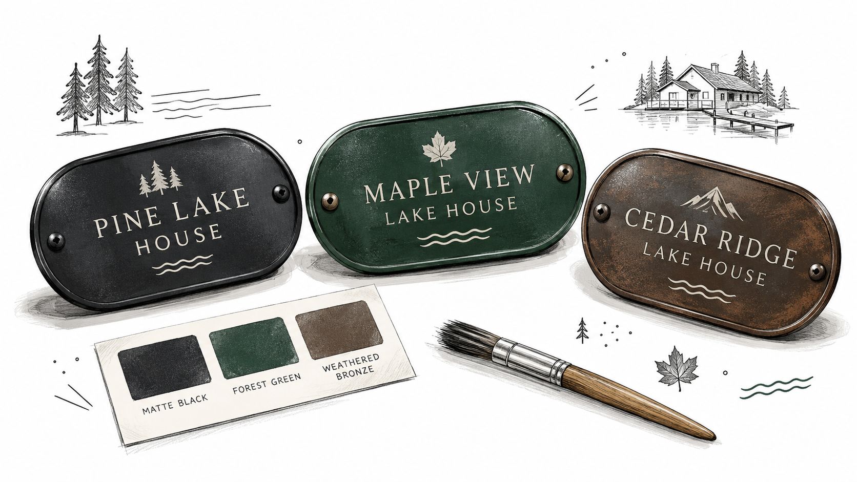 Three oval metal house signs with various lake house names displayed above paint color swatches and a brush.