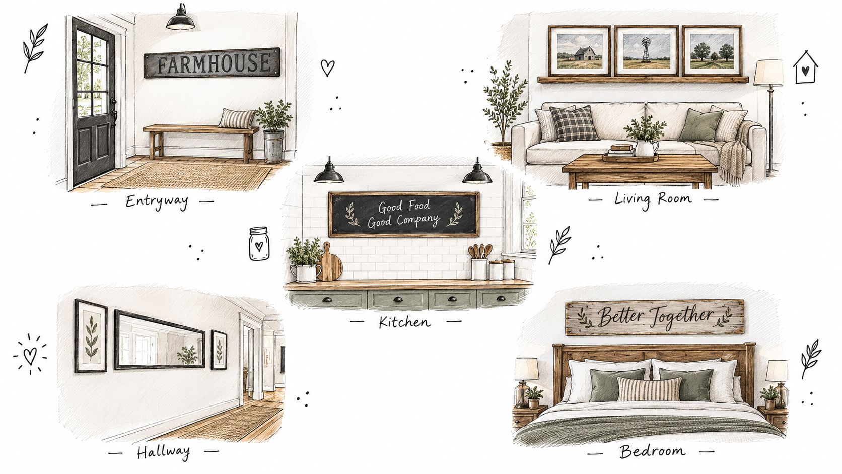 A hand-drawn illustration showcasing rustic farmhouse wall decor ideas across various rooms of a cozy home.