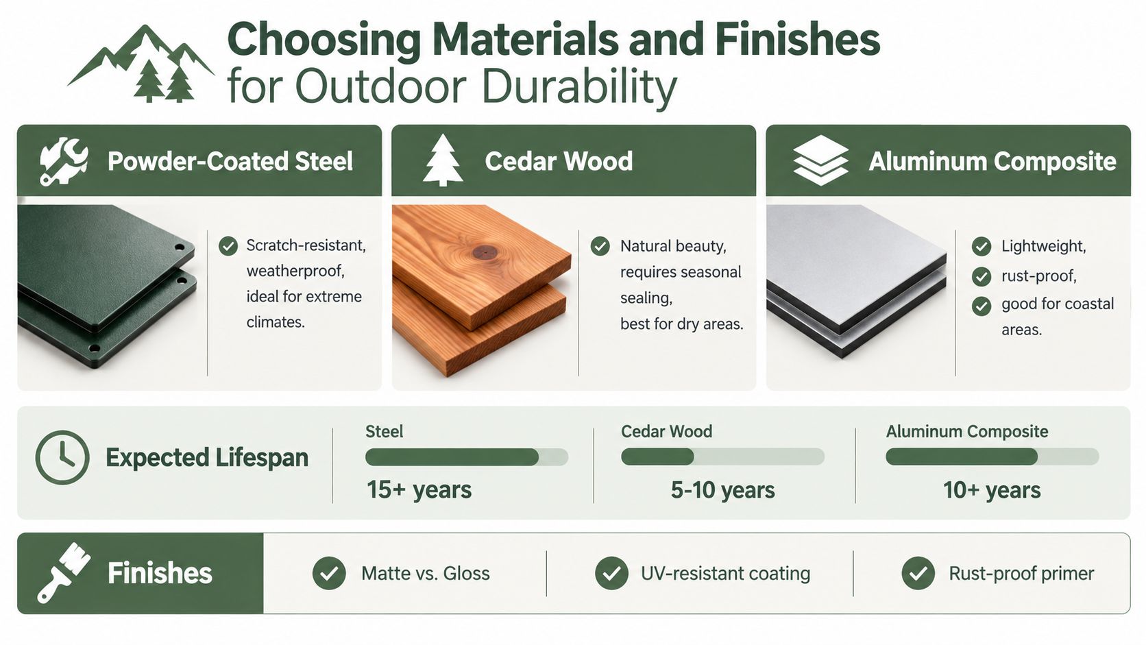 An infographic showing characteristics, lifespans, and finishes of powder-coated steel, cedar wood, and aluminum composite materials.