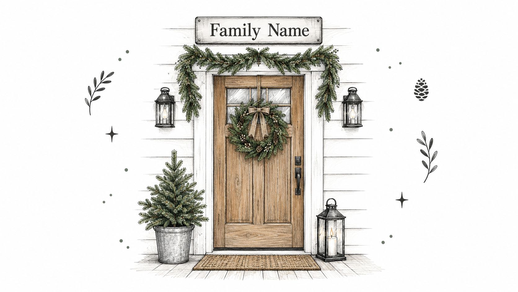 A festive farmhouse-style front door decorated with evergreen garlands, a wreath, lanterns, and a small Christmas tree.