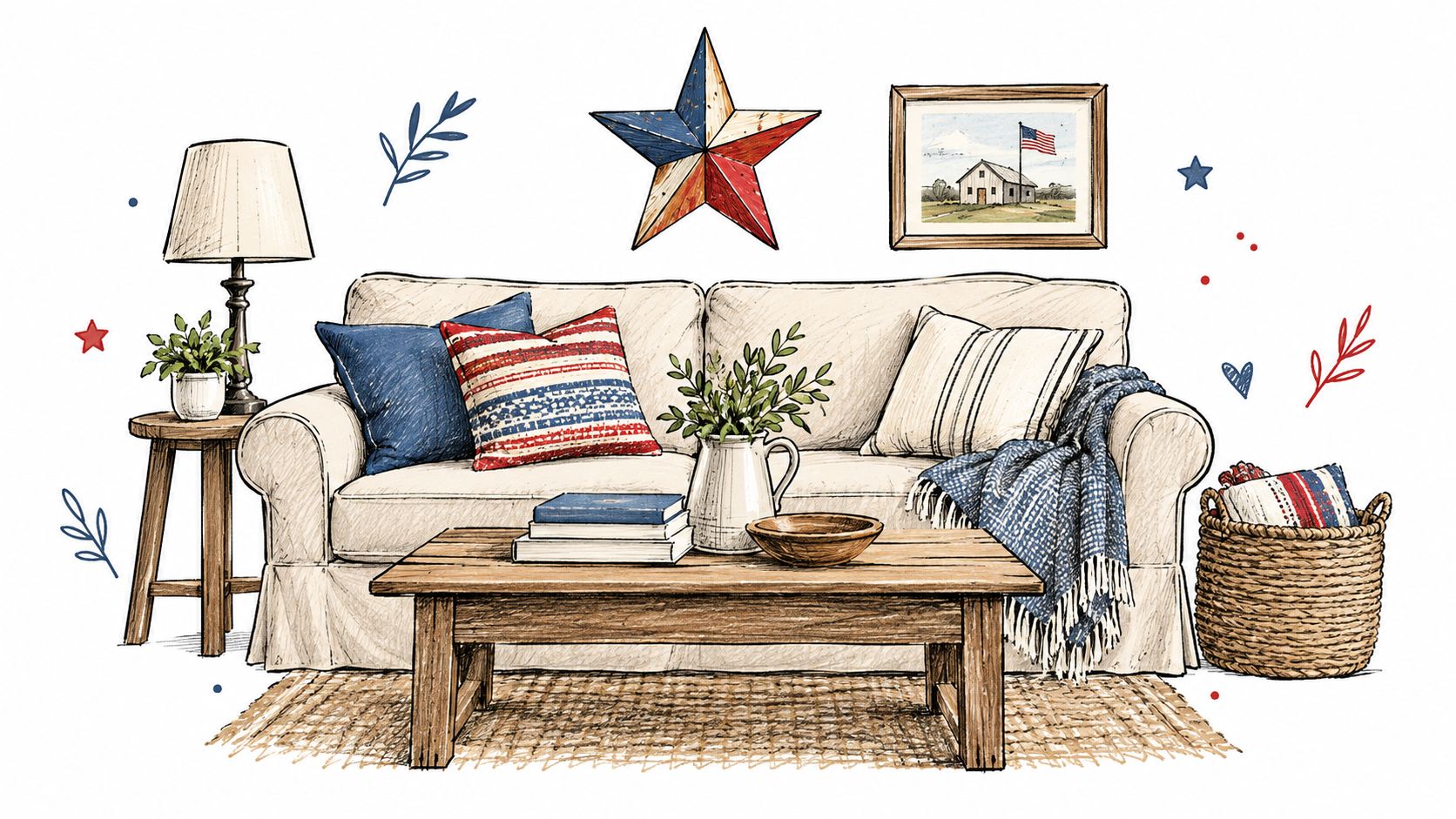 A cozy, patriotic living room sketch featuring a cream sofa, American-themed pillows, a wooden table, and farmhouse decor.