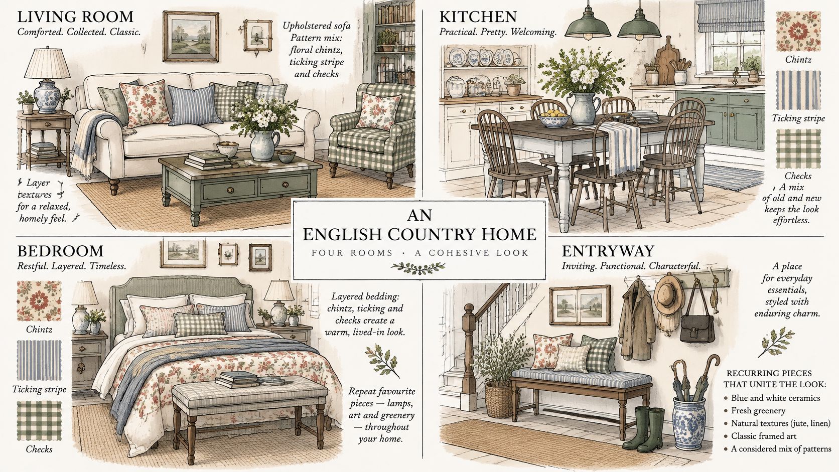A detailed illustration showcasing interior design ideas for an English country home across four different rooms.