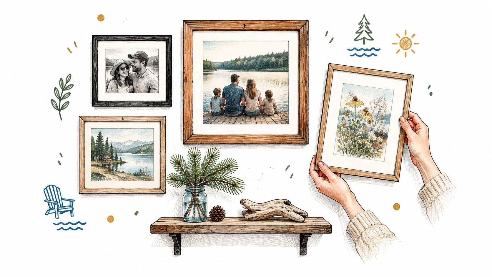 A hand placing a picture frame on a gallery wall near a wooden shelf with rustic decor.