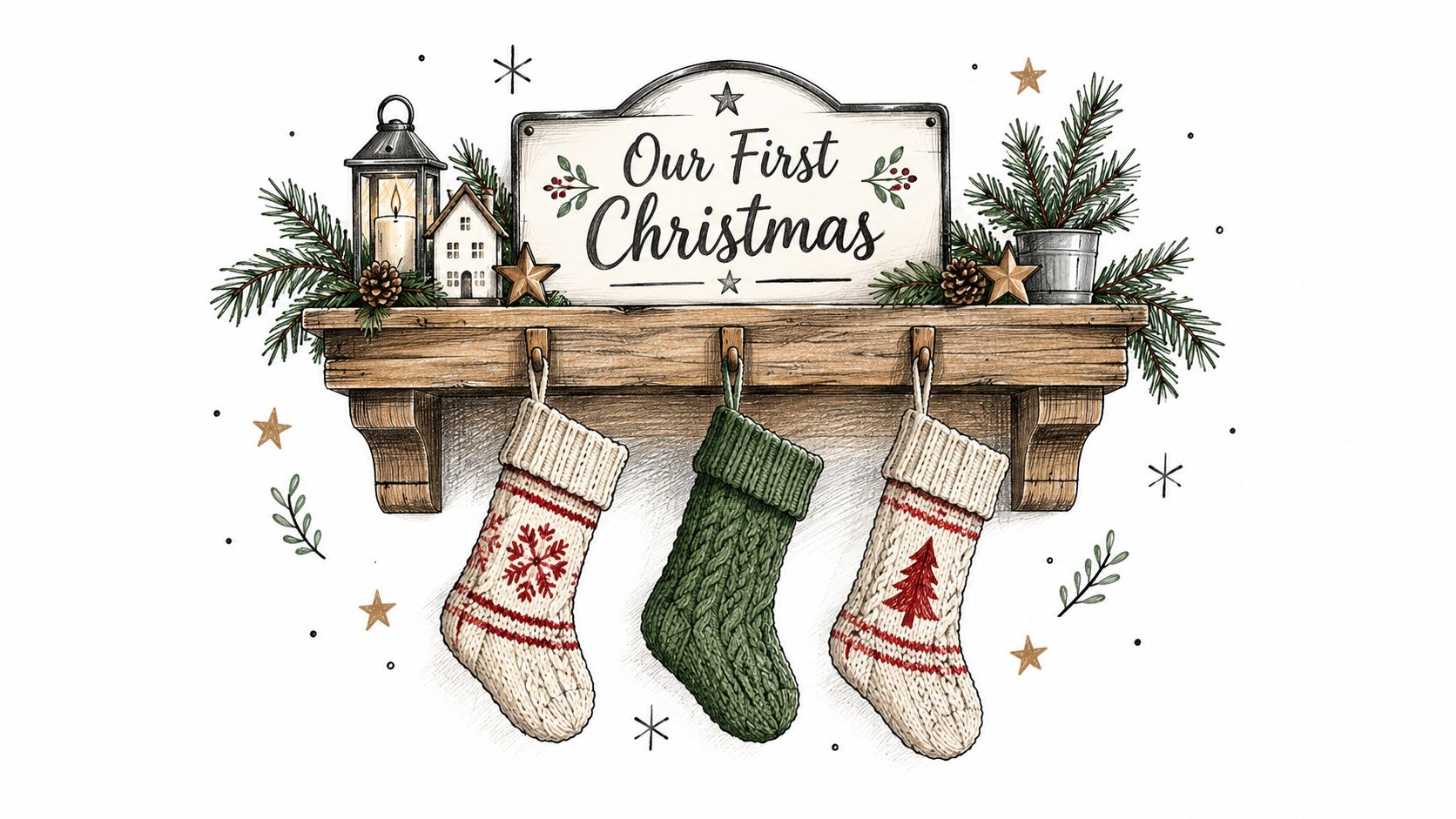 A rustic Christmas mantel shelf features stockings, a festive sign, a lantern, and greenery decor.