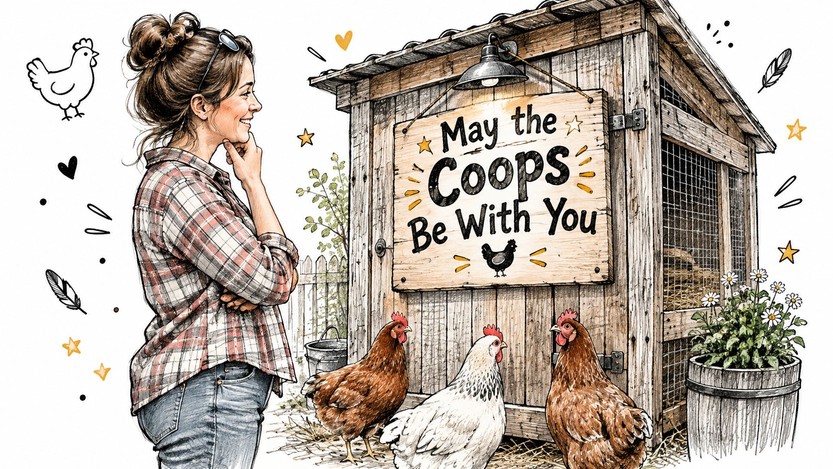 A woman stands beside a rustic wooden chicken coop decorated with a funny sign featuring a pun.