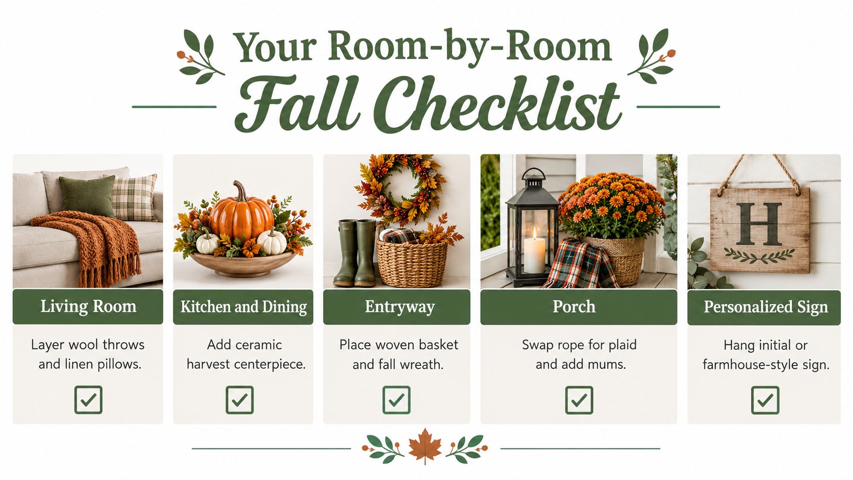A fall decorating checklist featuring room-by-room farmhouse style tips for a cozy autumnal home interior.