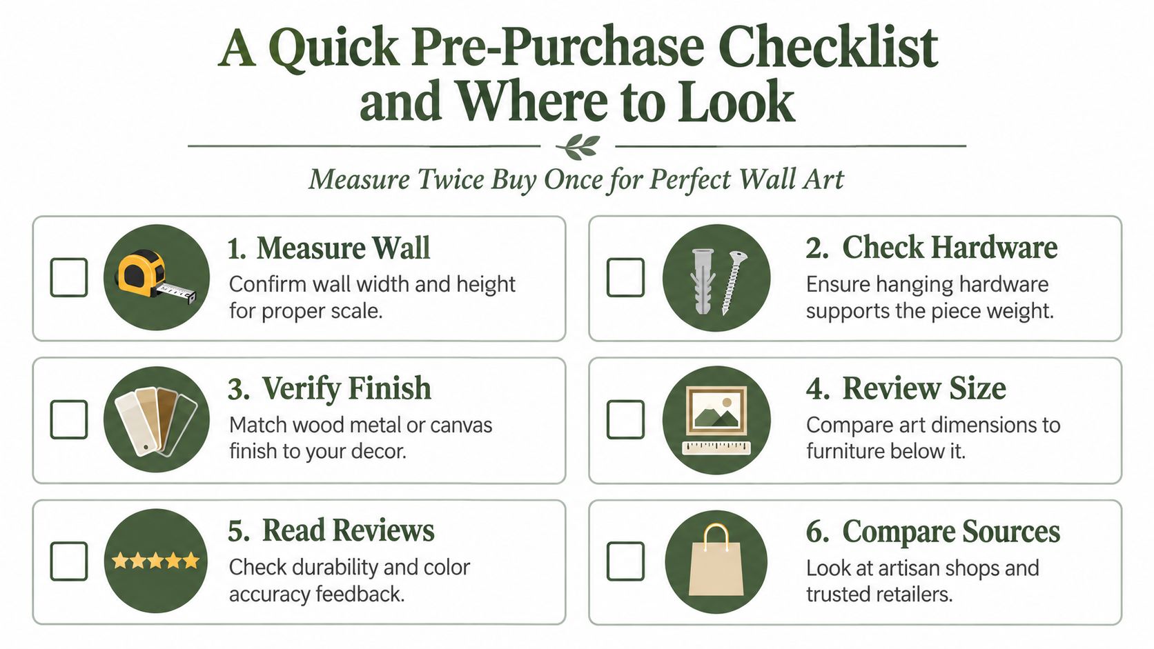 A helpful pre-purchase checklist for selecting wall art, featuring six steps to ensure perfect decor choices.