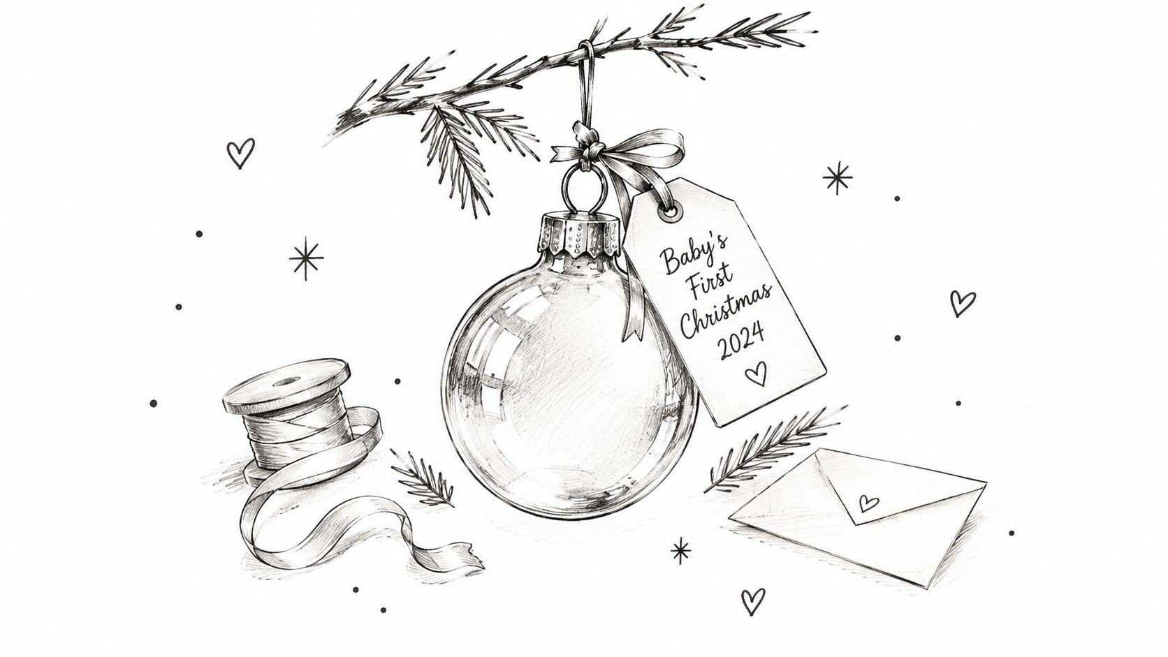 A vintage-style pencil sketch illustration of a Christmas bauble ornament with a gift tag attached.