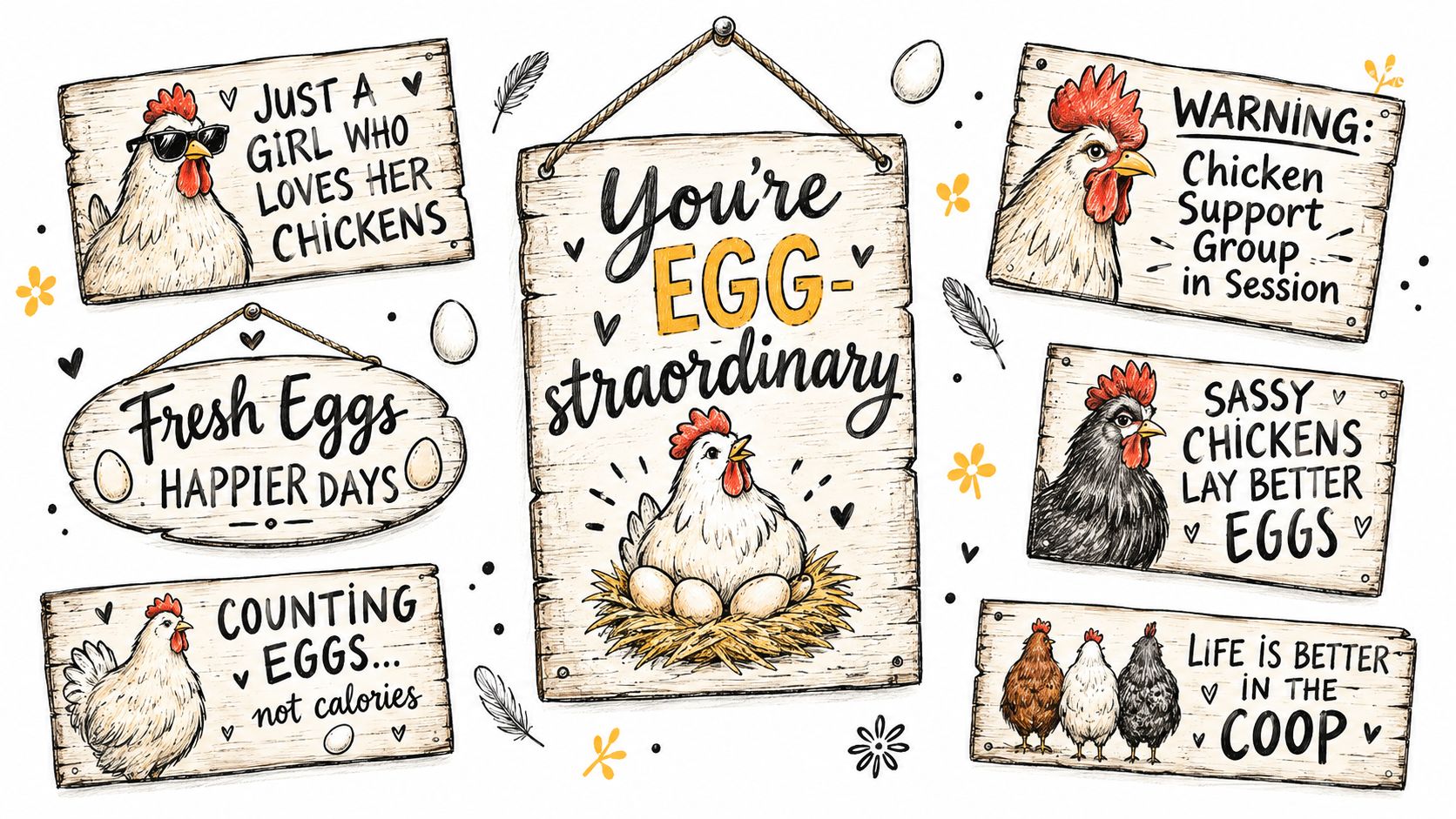 A collection of wooden signs featuring cute chicken illustrations and funny puns about farm life.