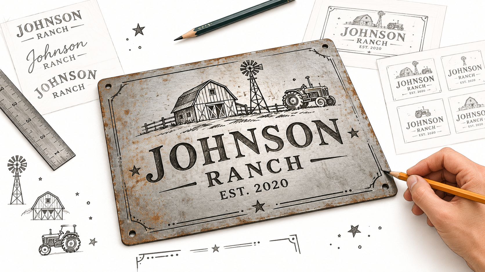 A hand drawing a vintage style metal sign with barn and tractor graphics for Johnson Ranch.