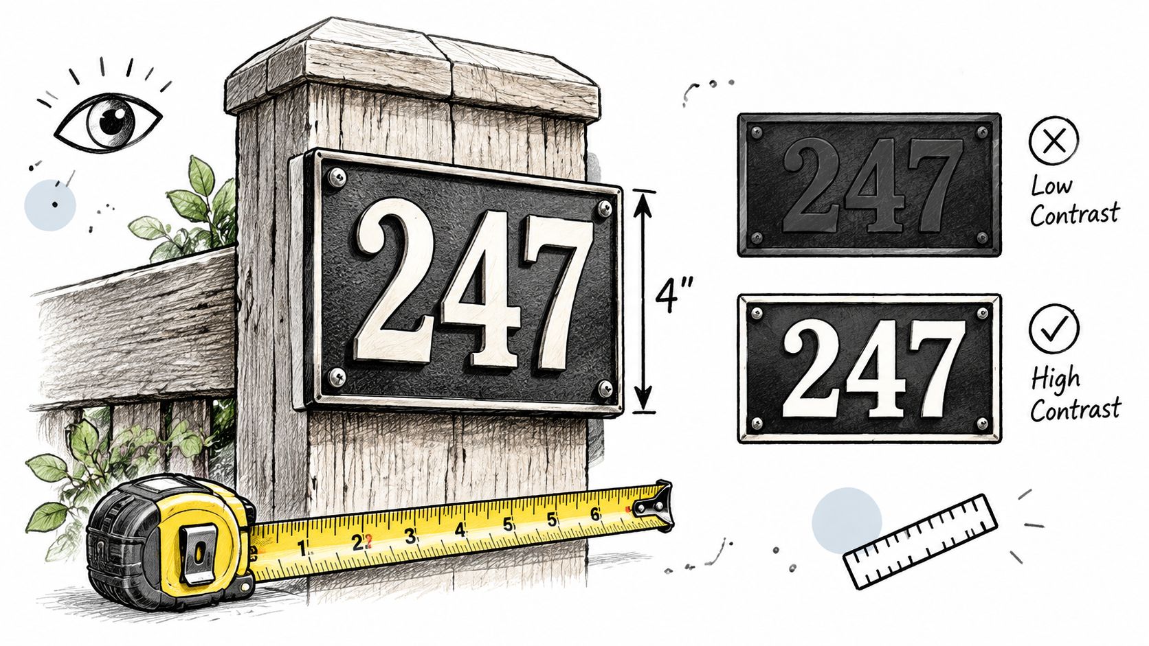 An illustration showing address signs for homes, demonstrating the importance of high contrast for readability and visibility.