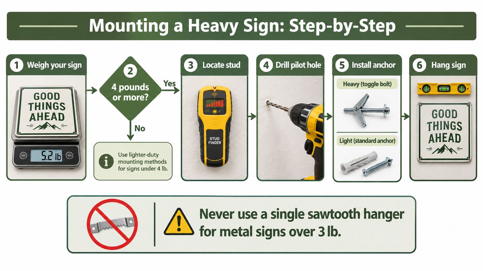 A step-by-step infographic showing how to safely mount a heavy metal sign on a wall.