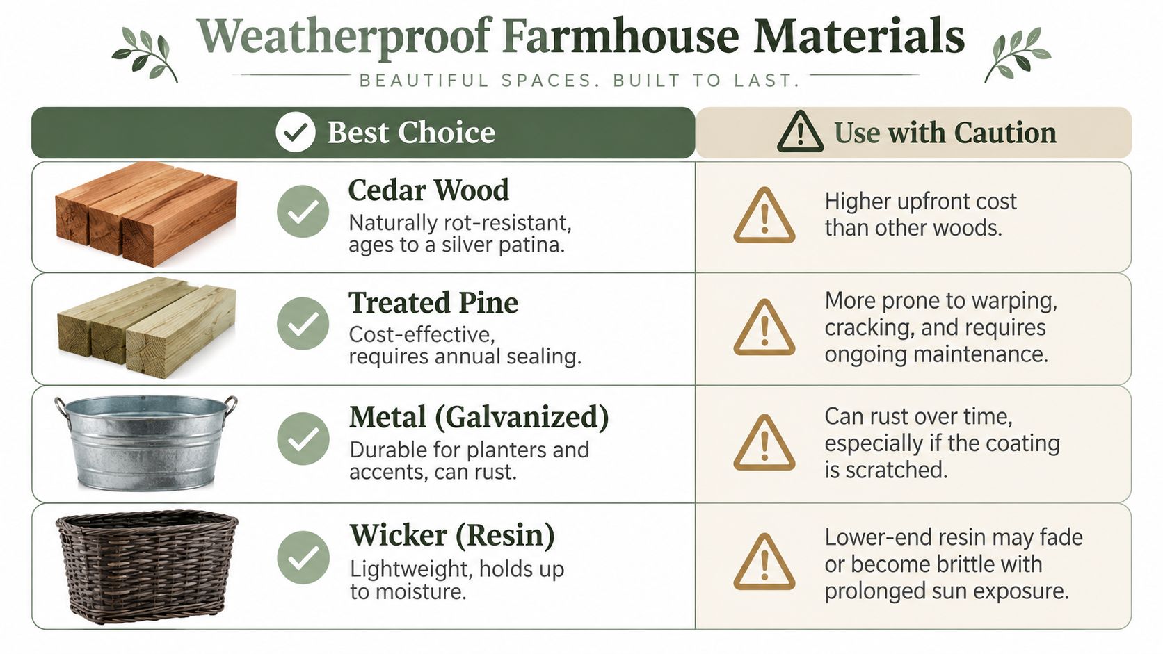 A chart comparing weather-resistant farmhouse materials including cedar, treated pine, galvanized metal, and resin wicker.