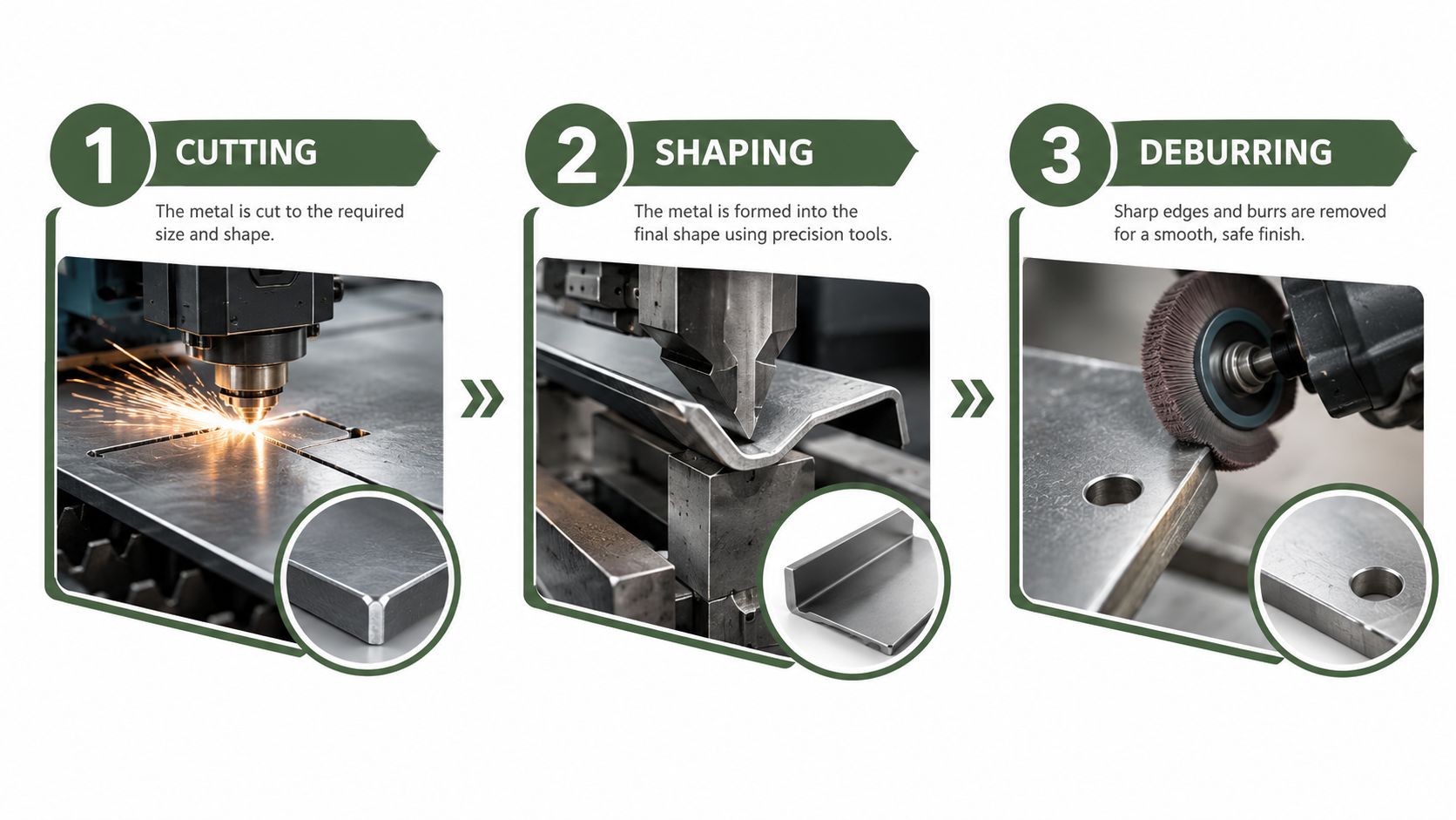 A three-step infographic showing metal fabrication processes including laser cutting, industrial metal shaping, and mechanical deburring.