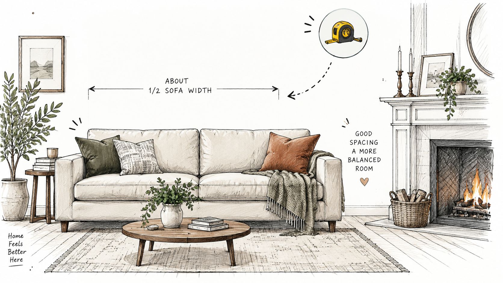 A hand-drawn illustration showing interior design tips for proper sofa spacing in a balanced living room layout.