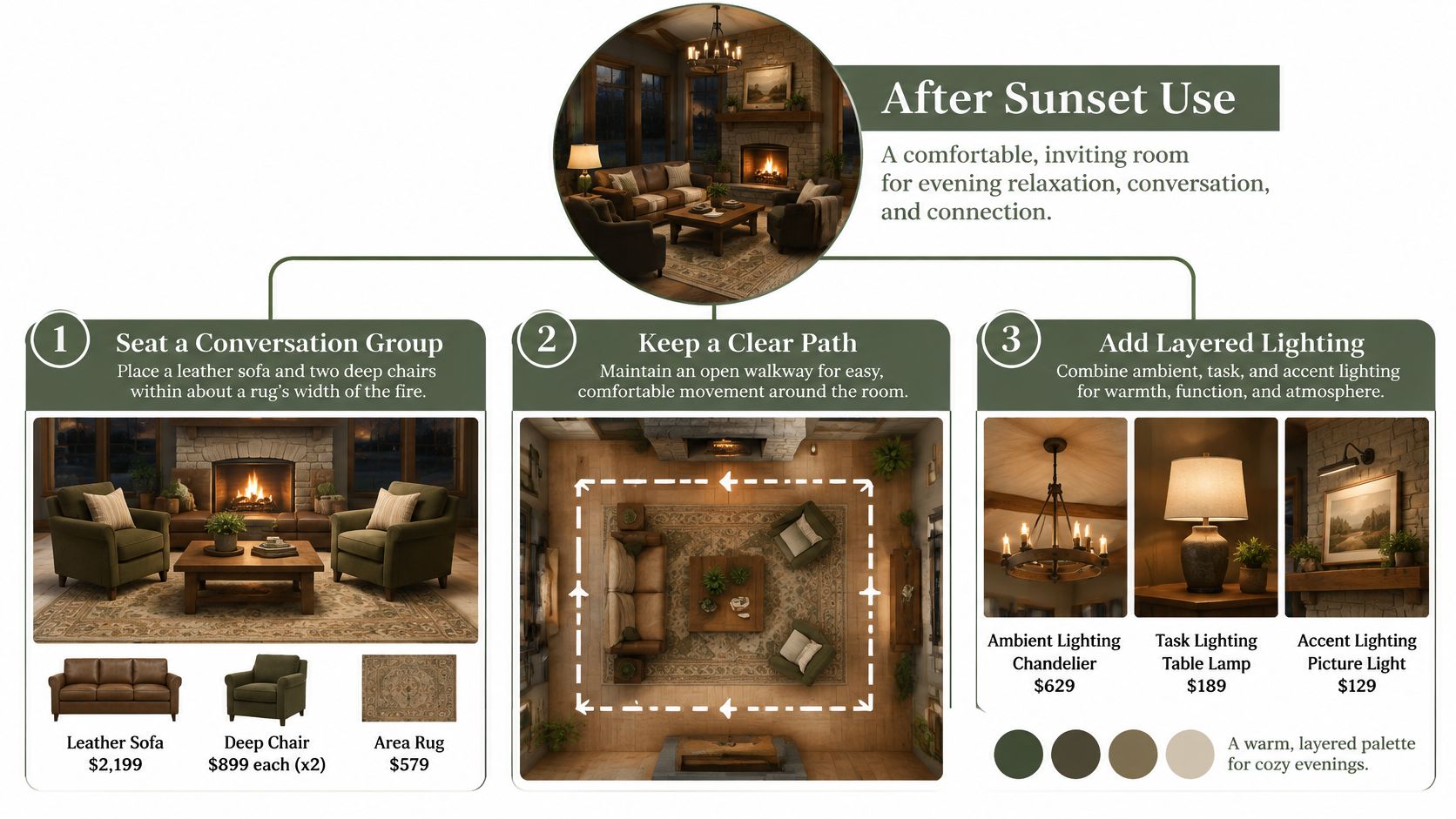 A diagram illustrating a living room furniture layout, featuring leather seating, a rug, and layered lighting options.