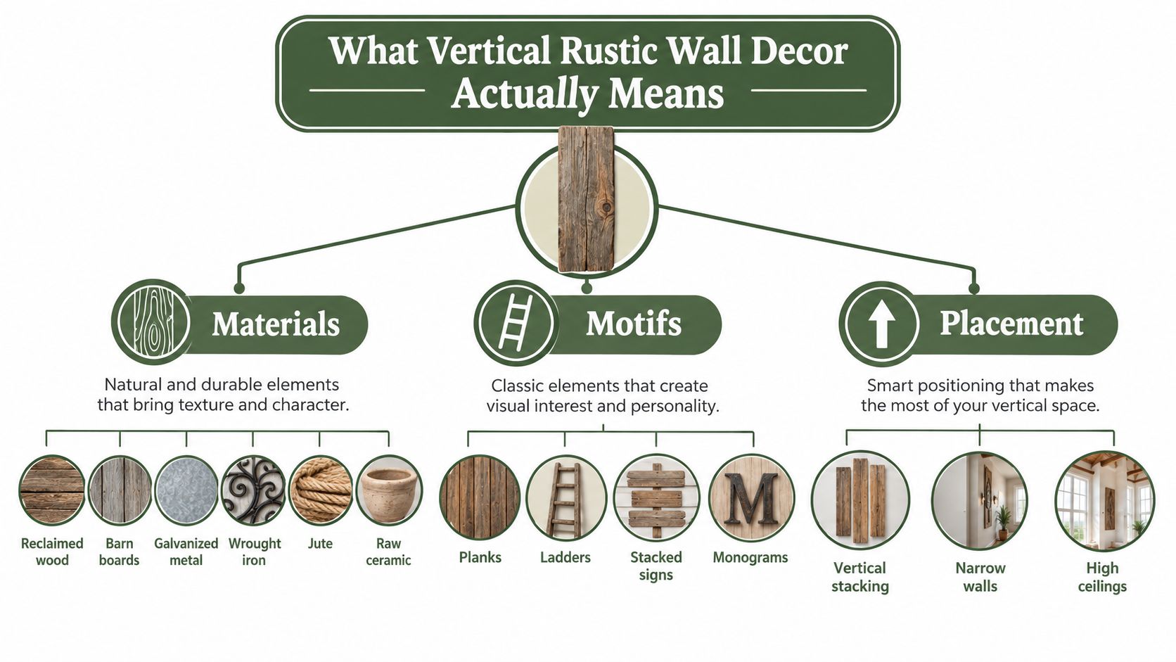 An infographic explaining vertical rustic wall decor through materials, motifs, and effective home placement strategies.