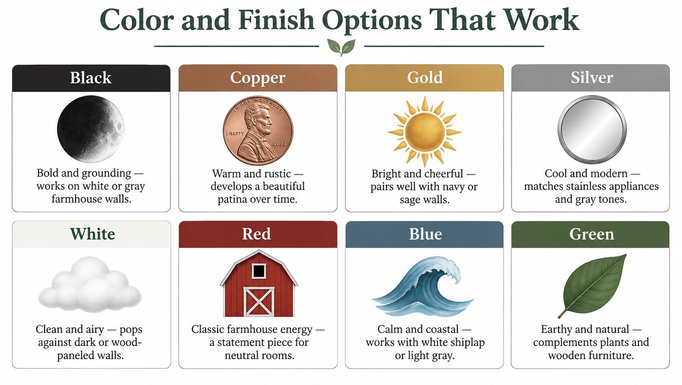 A chart showing color and finish options for metal wall art, including various styles and decorative examples.