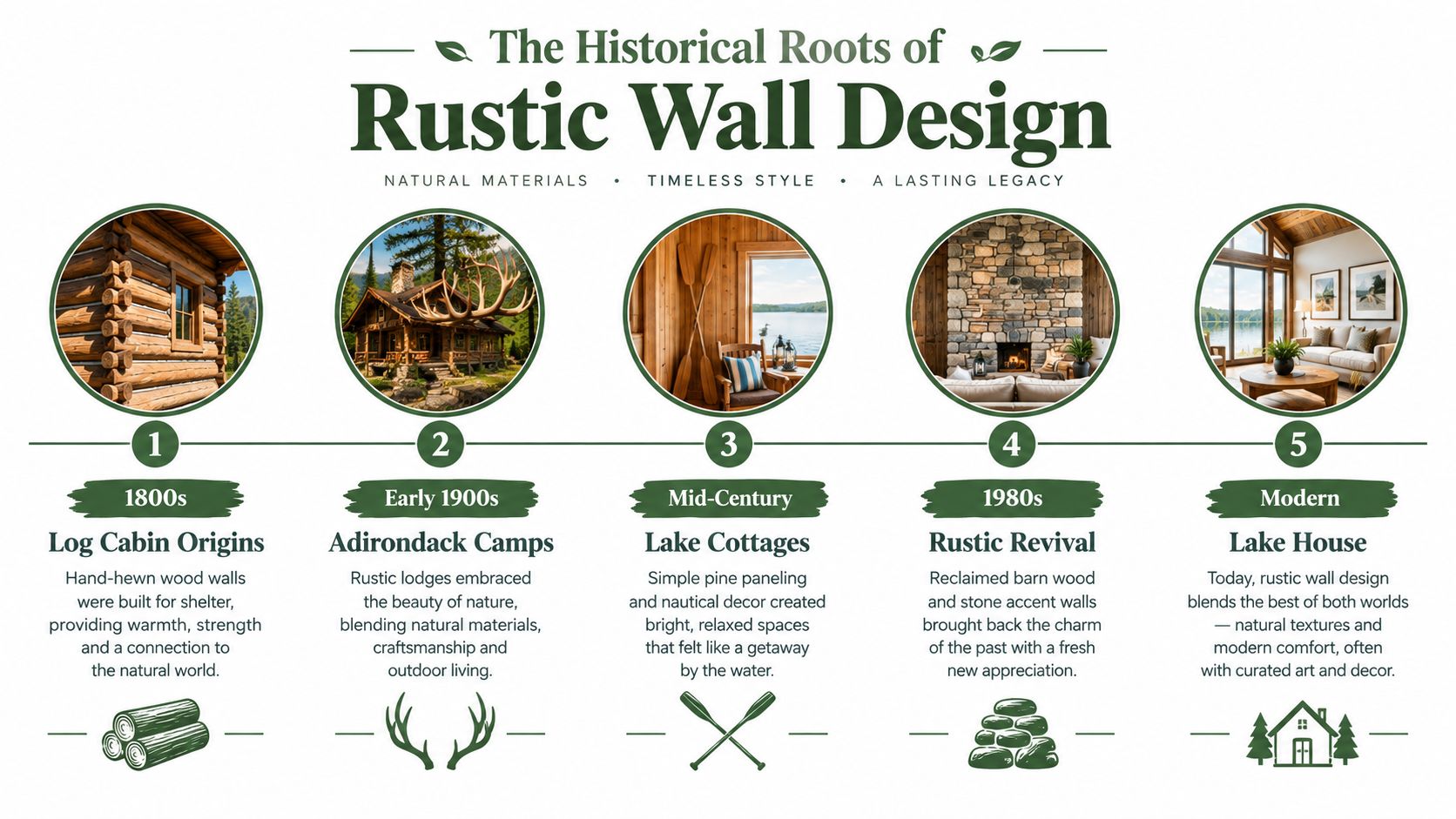 A timeline graphic showing the evolution of rustic wall design from log cabins to modern lake houses.