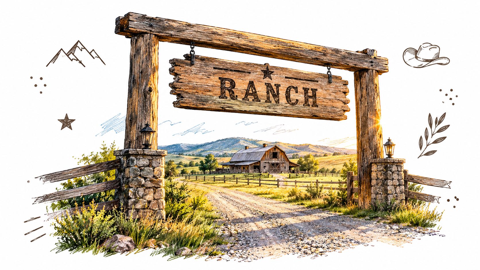 A rustic wooden entrance sign labeled RANCH hanging on a farm gate with a barn and mountains behind.