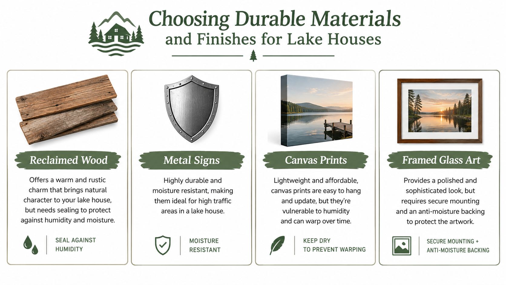 An infographic showing durable wall decor material options for a lake house, including reclaimed wood, metal, canvas, and glass.