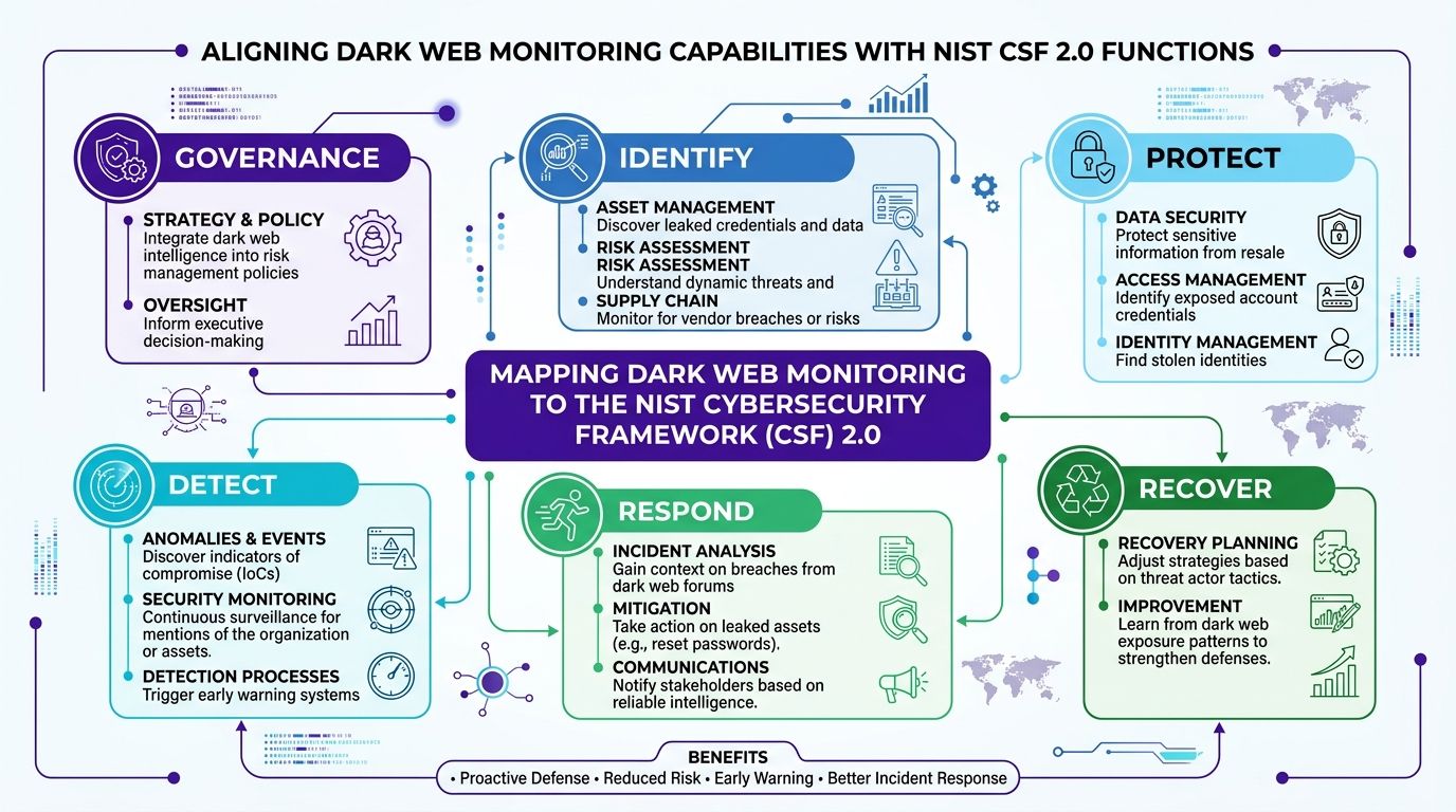 A diagram mapping dark web monitoring capabilities to the six functions of the NIST Cybersecurity Framework 2.0.