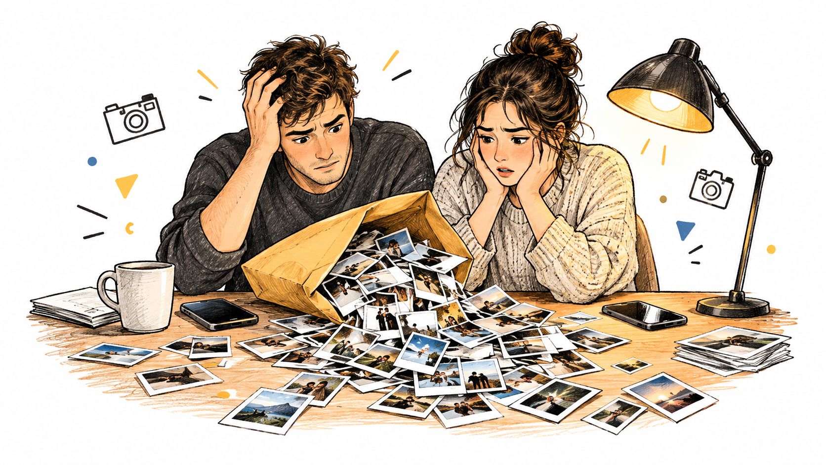 A couple looks overwhelmed while sorting through a large pile of scattered printed photographs on a table.