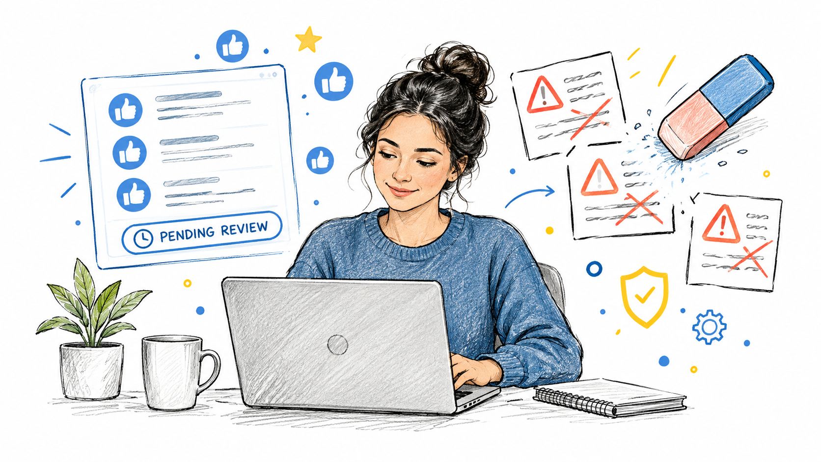 A woman working on a laptop, managing online reviews and moderating content with digital tools.