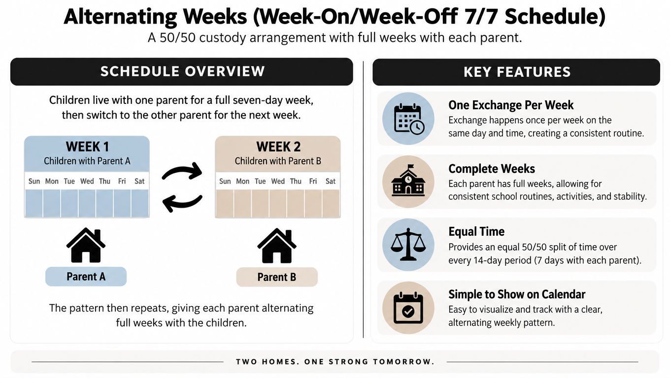 An infographic explaining a 50/50 alternating week custody schedule where children spend one week with each parent.