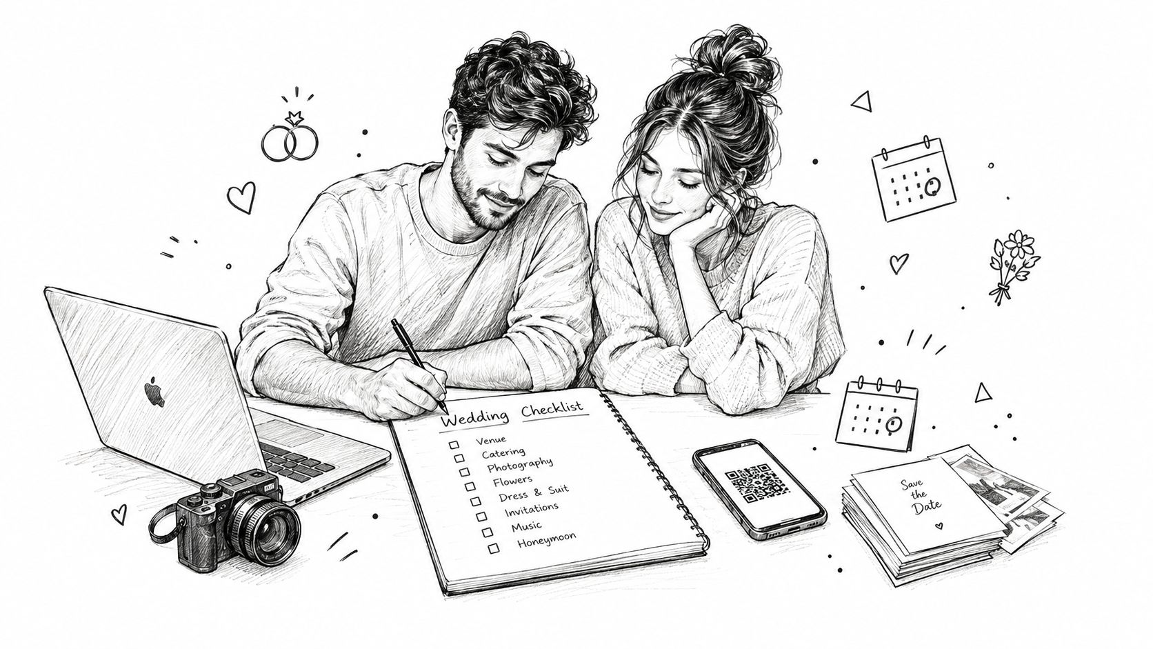 A couple happily planning their upcoming wedding using a checklist, laptop, and digital photo sharing tools.