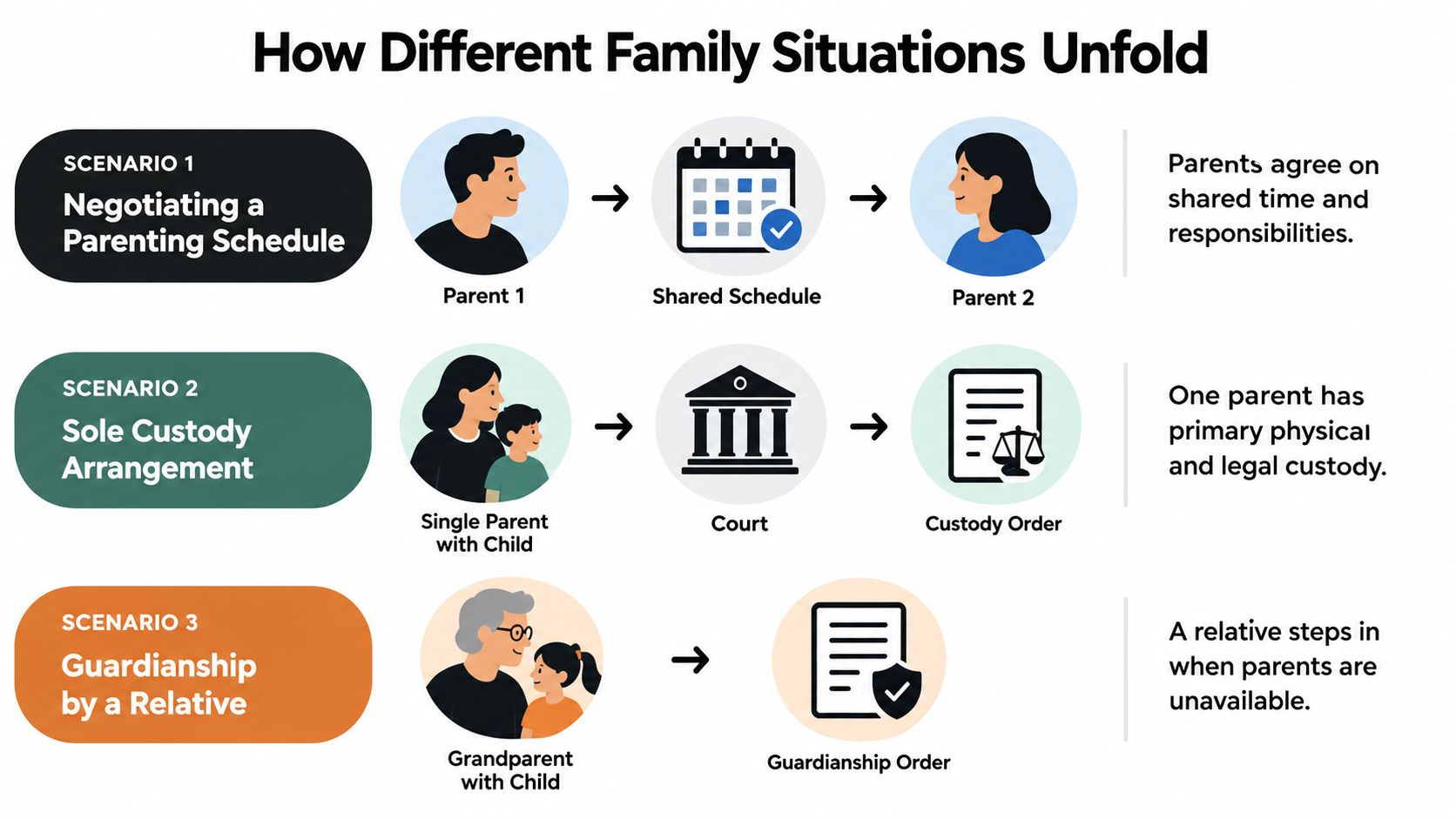 An infographic showing three family law scenarios: negotiating a parenting schedule, sole custody, and relative guardianship.