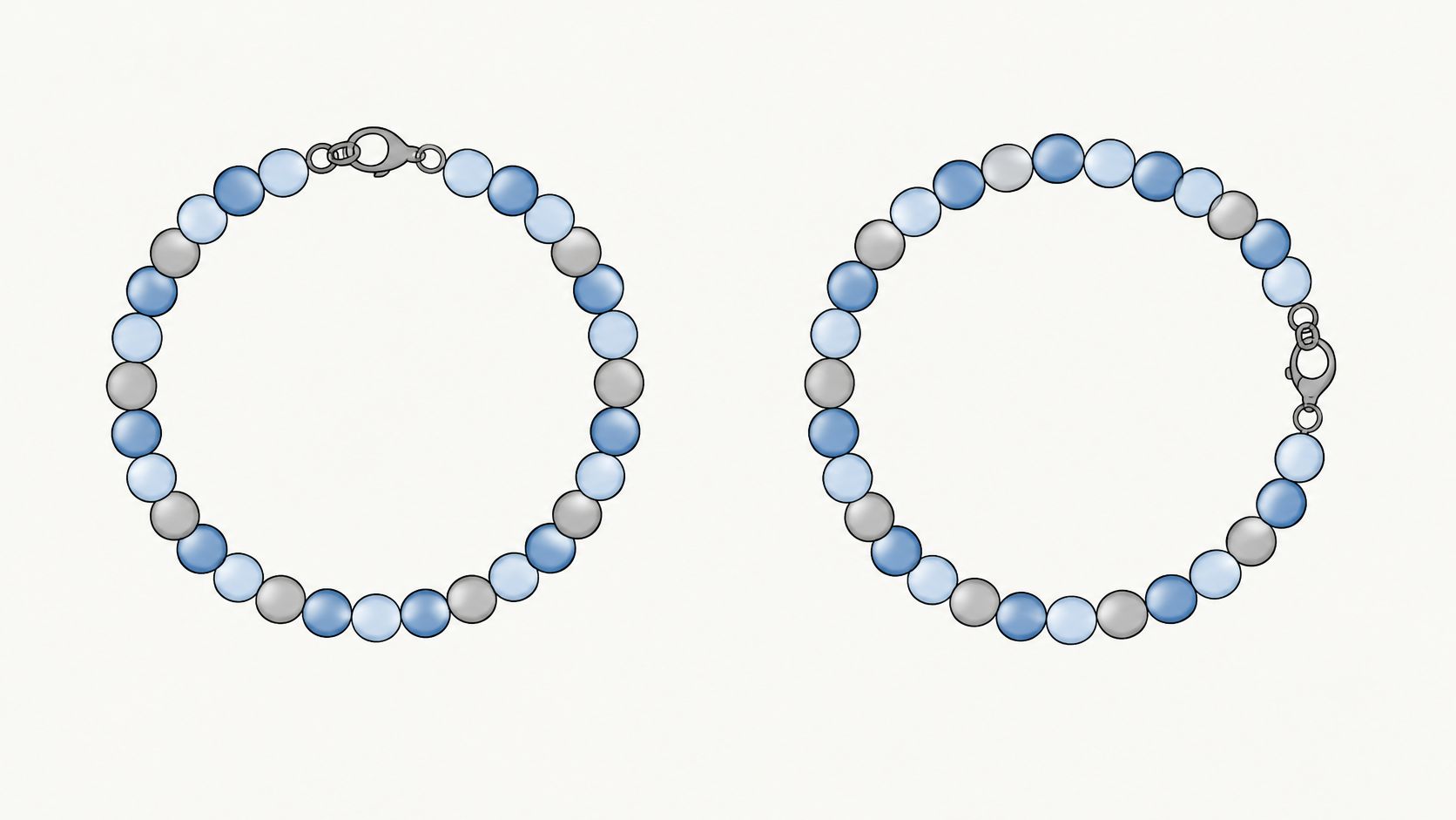 Two bracelets made of light blue, dark blue, and grey beads with silver lobster clasps.
