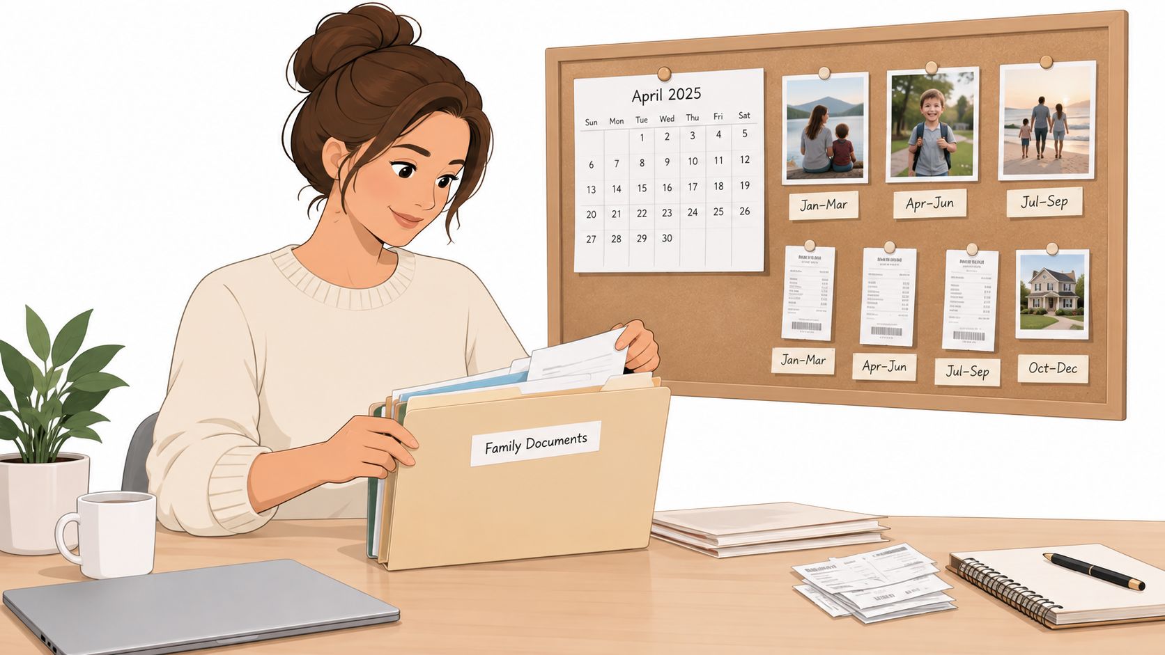 A woman organizing family documents in a home office with a calendar and photos on the wall.