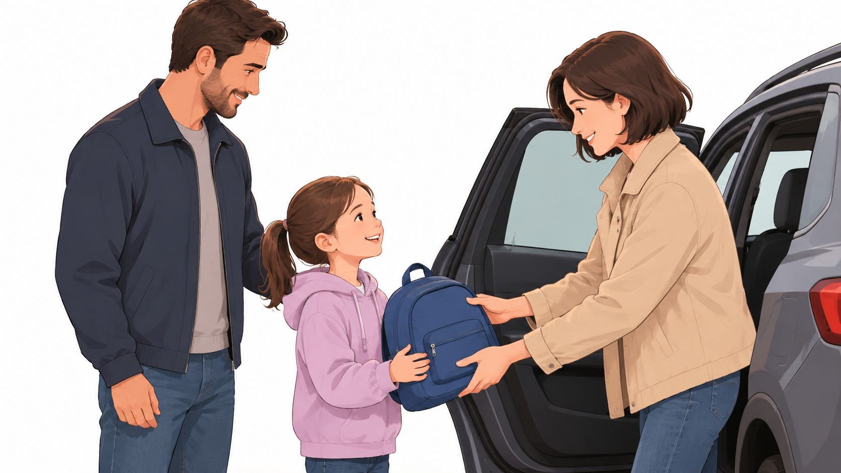 A father and mother helping their young daughter with her backpack before getting into the car.