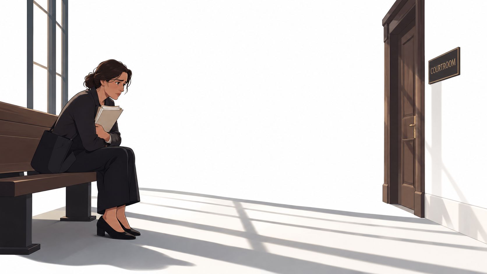 A sad woman in a suit sitting on a wooden bench outside a courtroom, holding legal documents.