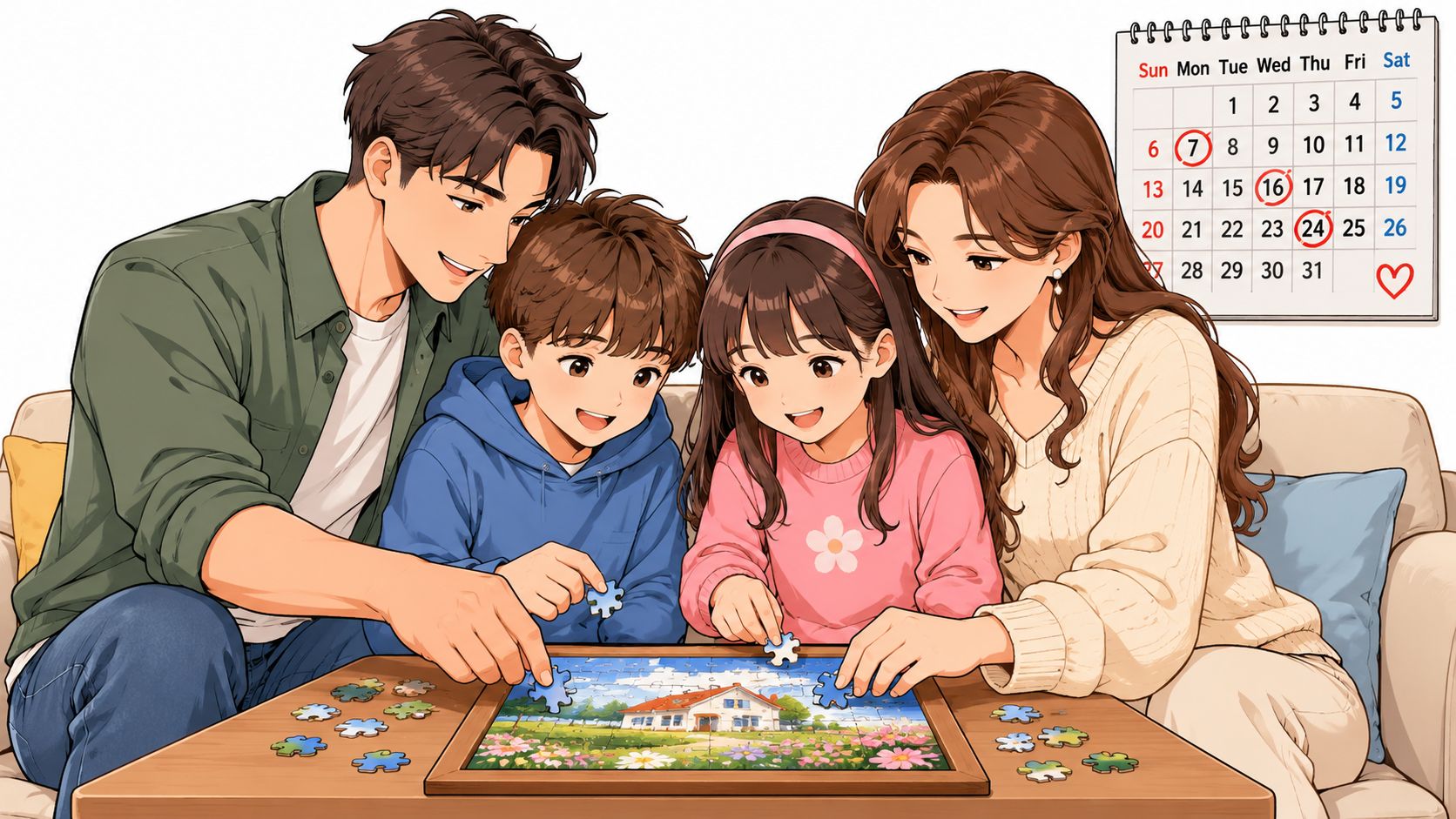 A happy family consisting of a father, mother, and two children sitting on a sofa doing a puzzle.