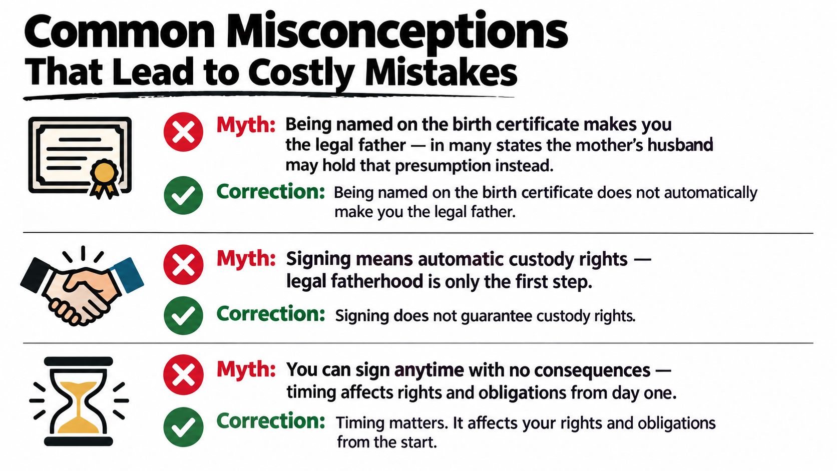 An infographic detailing common legal misconceptions regarding fatherhood, birth certificates, custody rights, and the importance of timing.