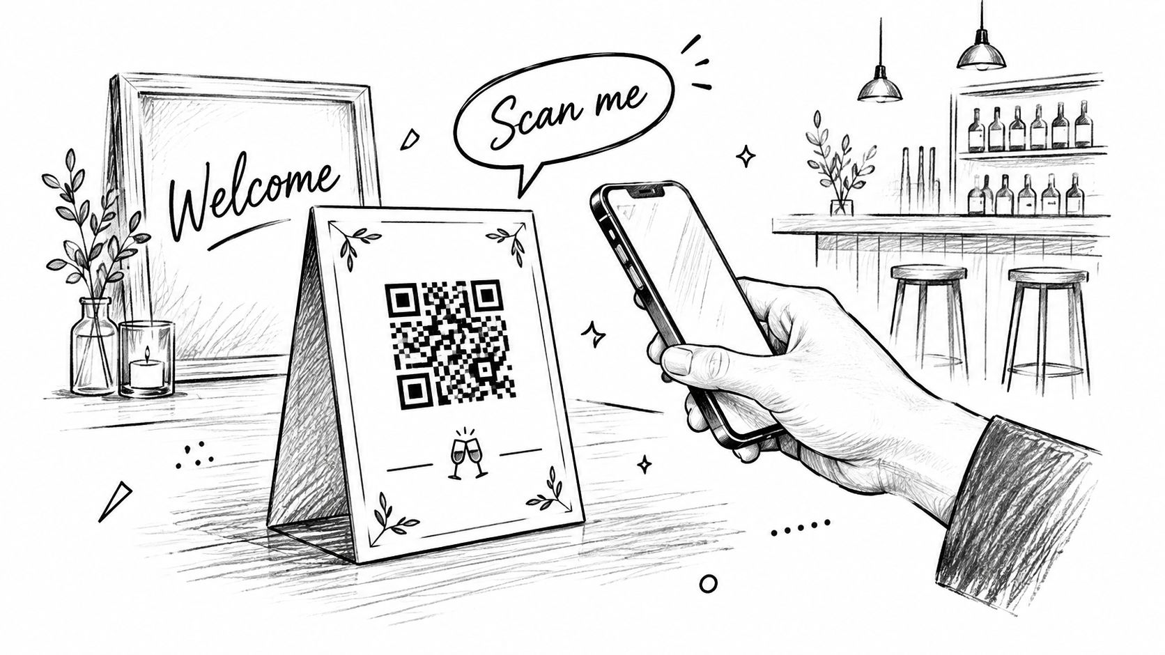 A hand holds a smartphone to scan a QR code on a table sign in a restaurant.