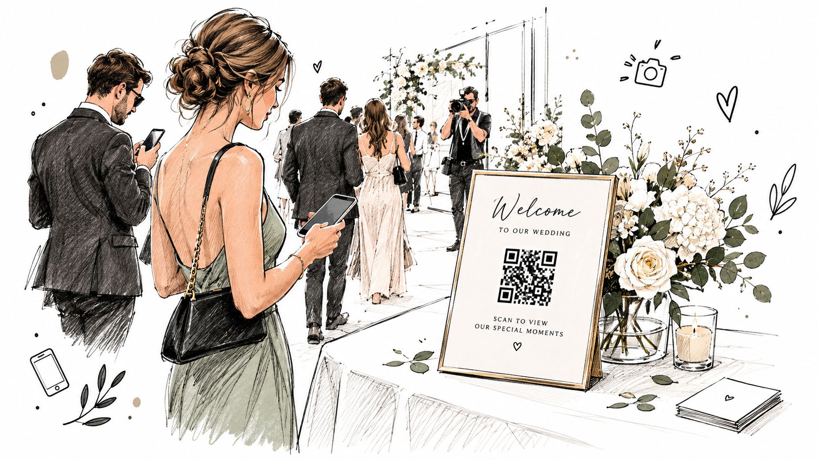 Guests looking at phones near a wedding sign featuring a QR code for viewing special moments.