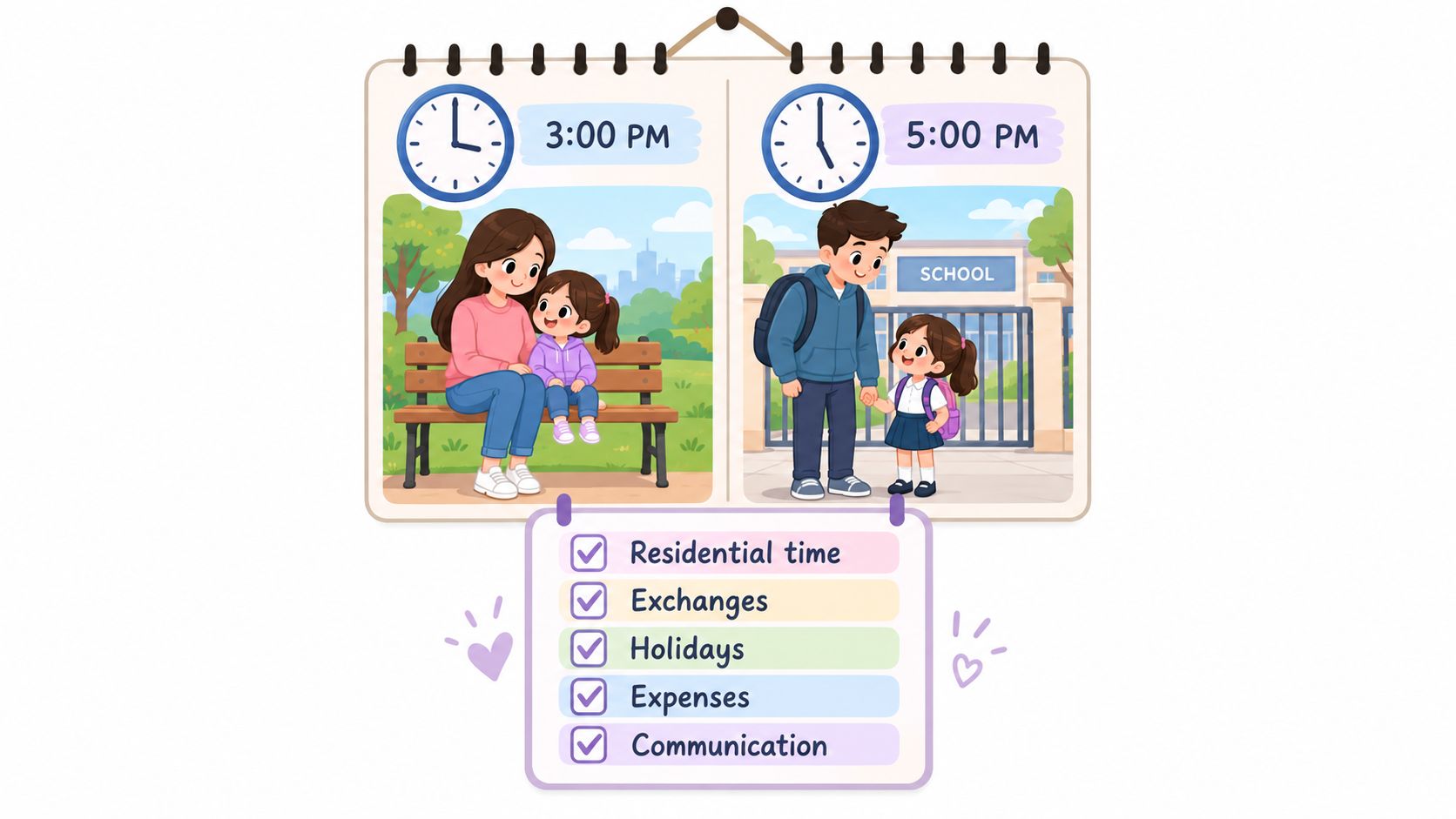 An illustration showing two parents with their child, representing a structured parenting plan in a divorce.