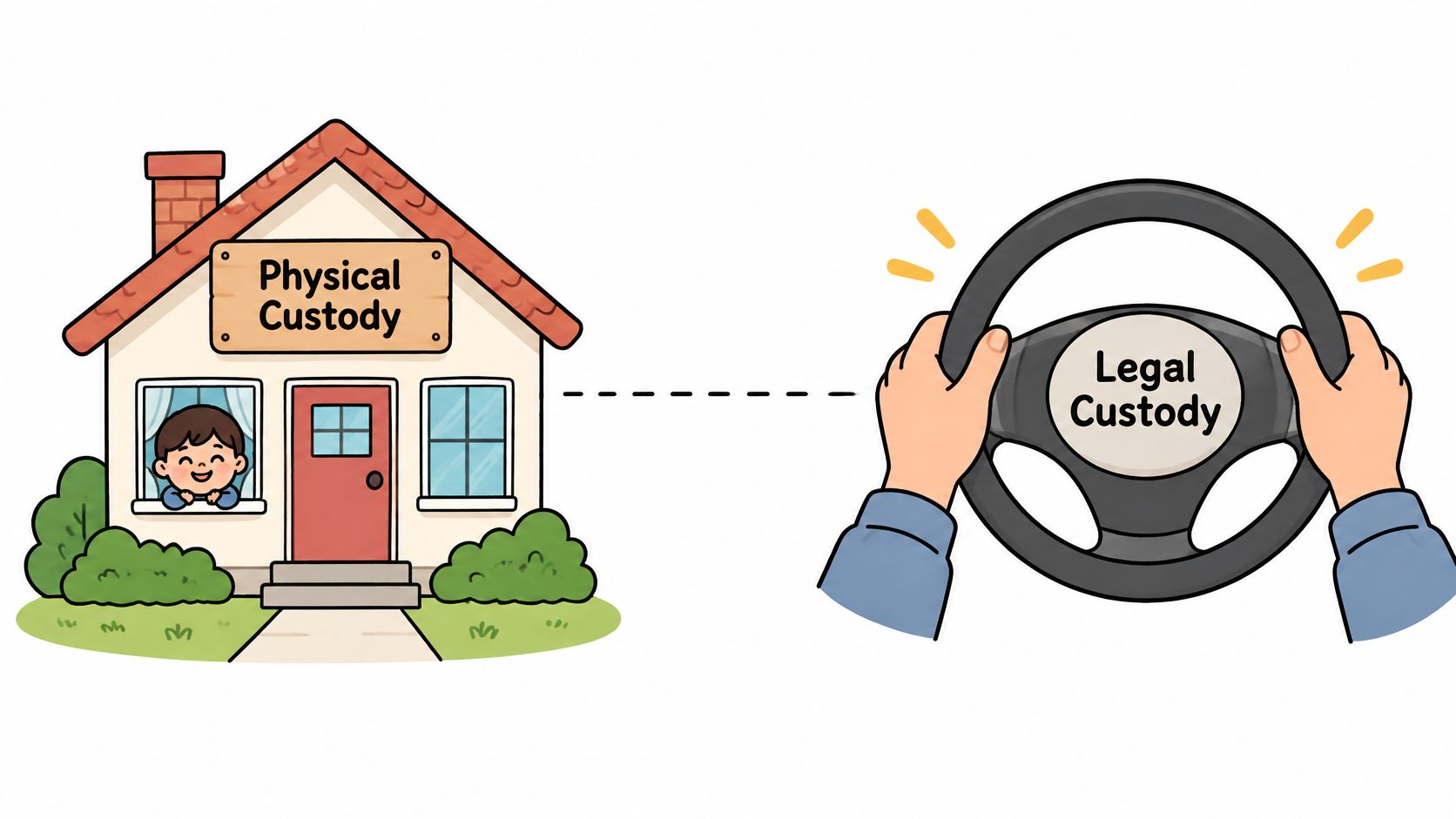 A cartoon illustration showing a house representing physical custody and a steering wheel representing legal custody.