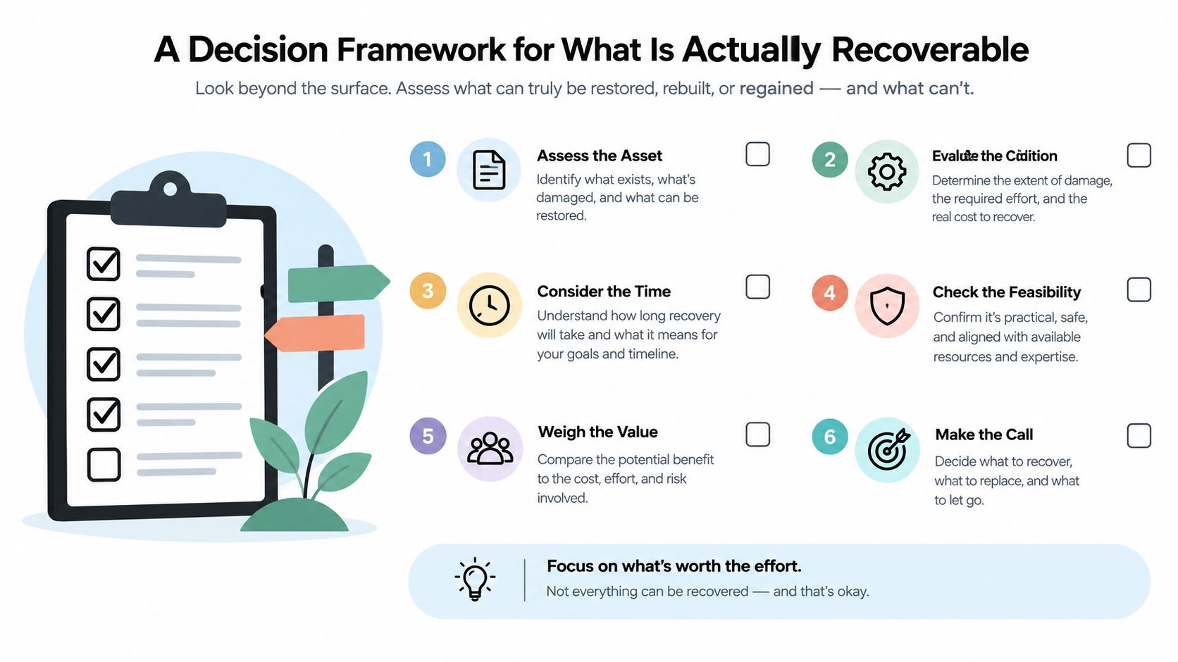 A decision framework infographic displaying a six-step process for evaluating what assets can be successfully recovered.