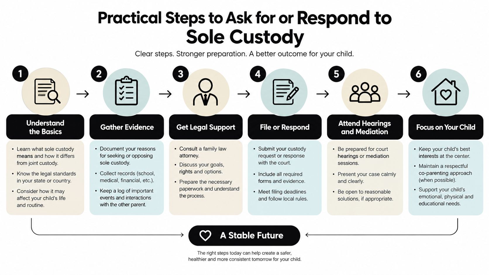 An infographic showing six practical steps for parents to ask for or respond to sole custody.