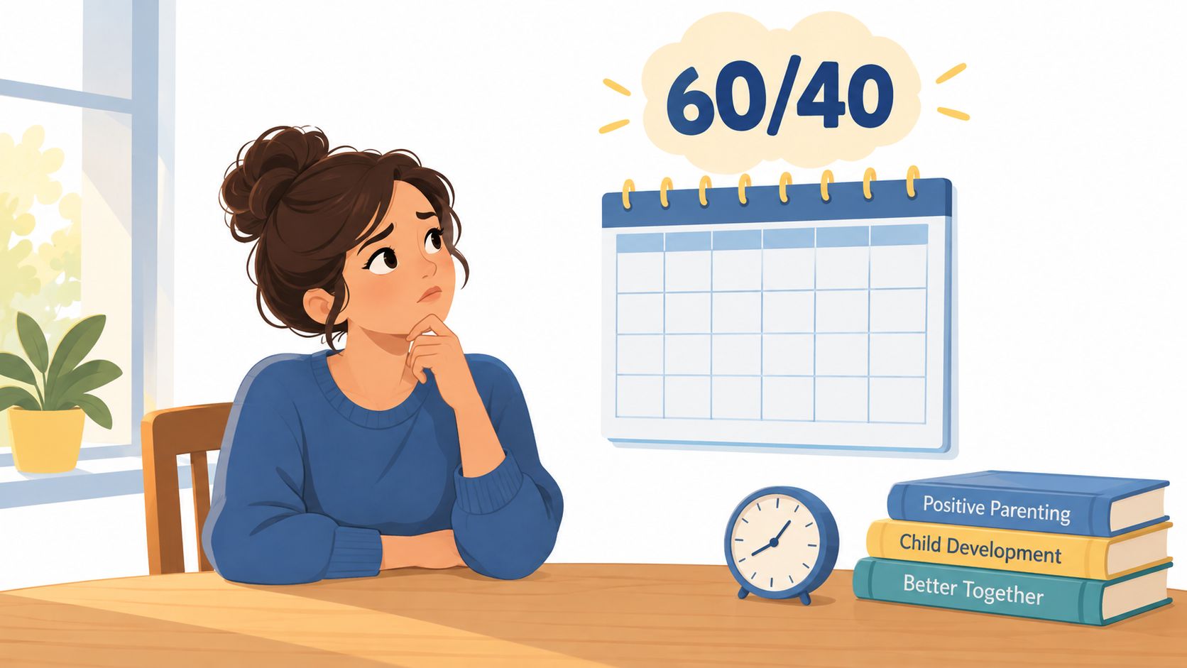 A woman sits at a desk looking thoughtful at a calendar with a sixty forty split icon overhead.