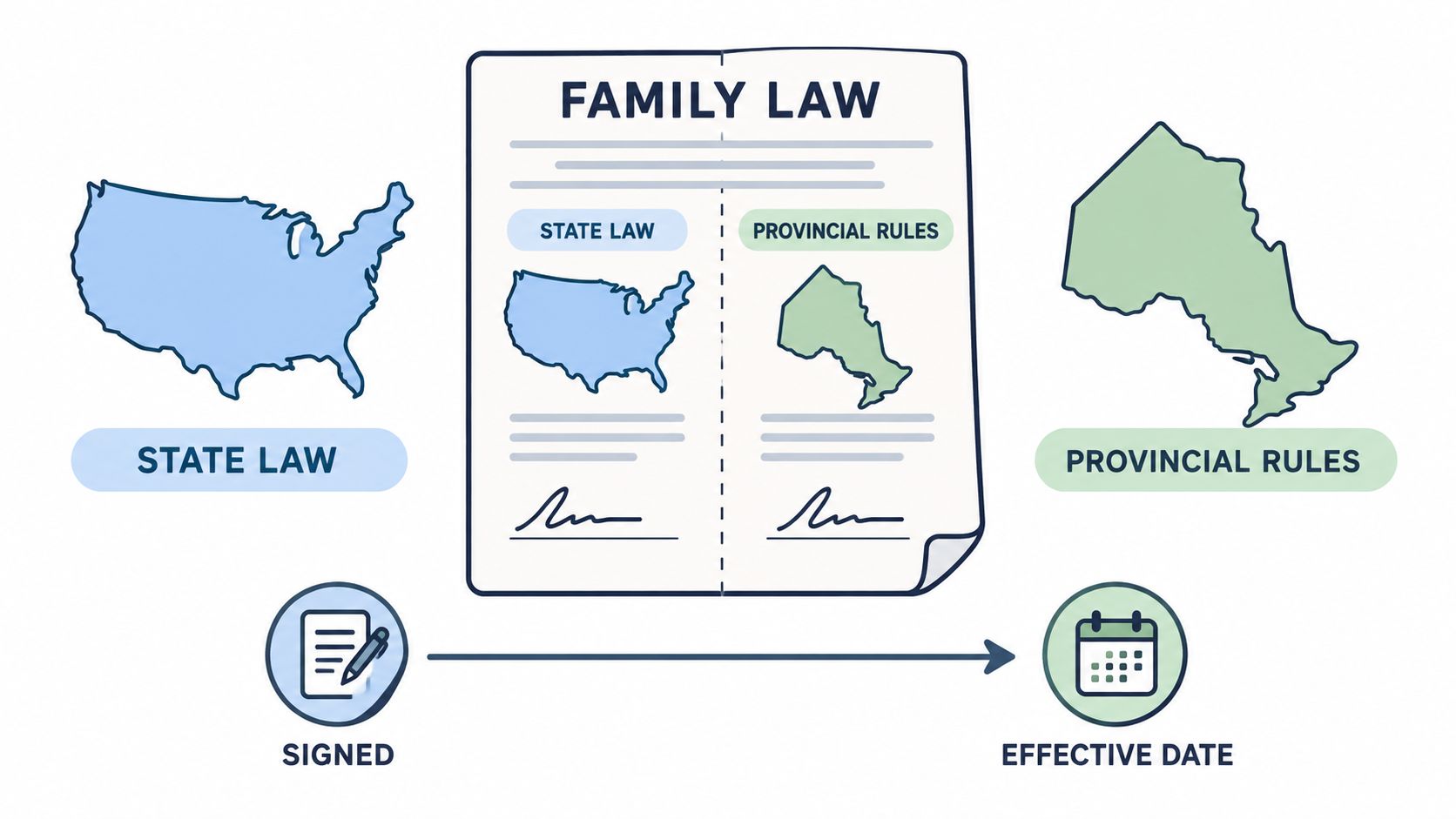 A diagram illustrating the difference between US state law and Canadian provincial rules regarding family law agreements.