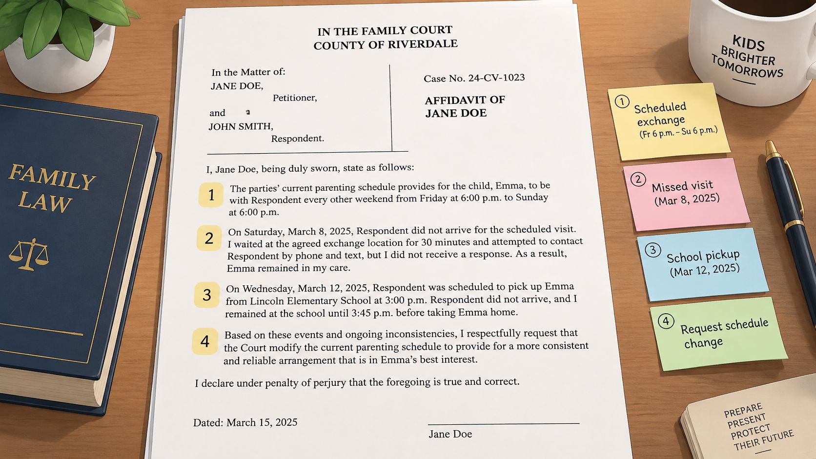 A legal affidavit document about a child custody case resting on a wooden desk with office supplies.