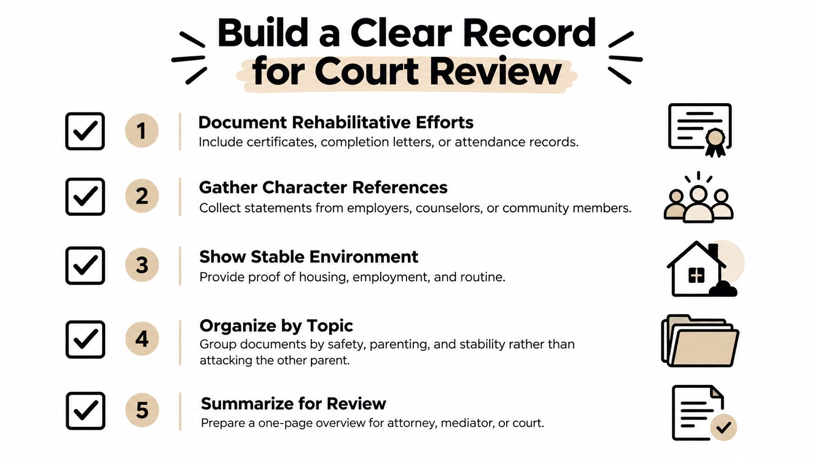 An infographic showing five steps to build a clear record for court review in custody cases.